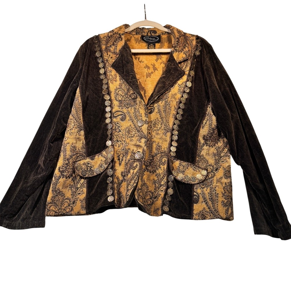 Alex Kim Black Brown Paisley Mixed Media Velvet Blazer Jacket 1X Ornate Buttons